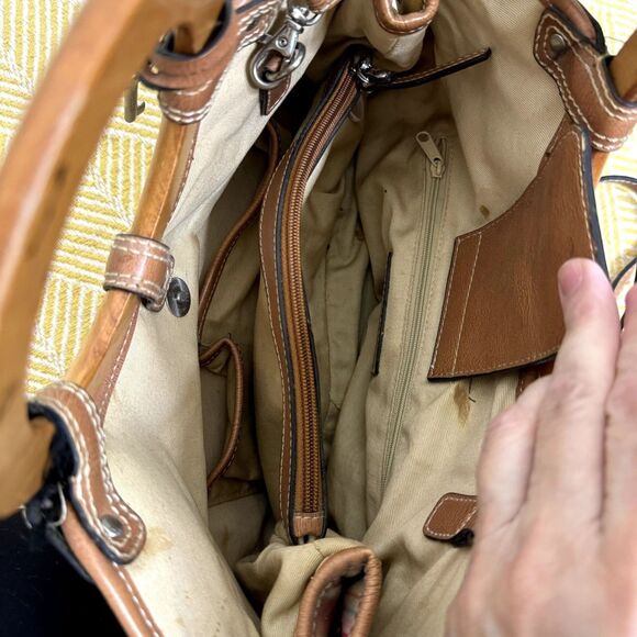 Fossil Canvas Leather Wood Satchel Purse Bag Double Handle Stripe bv - Picture 10 of 11